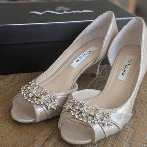 Nina Shimmering Champagne Peep-Toe Heels